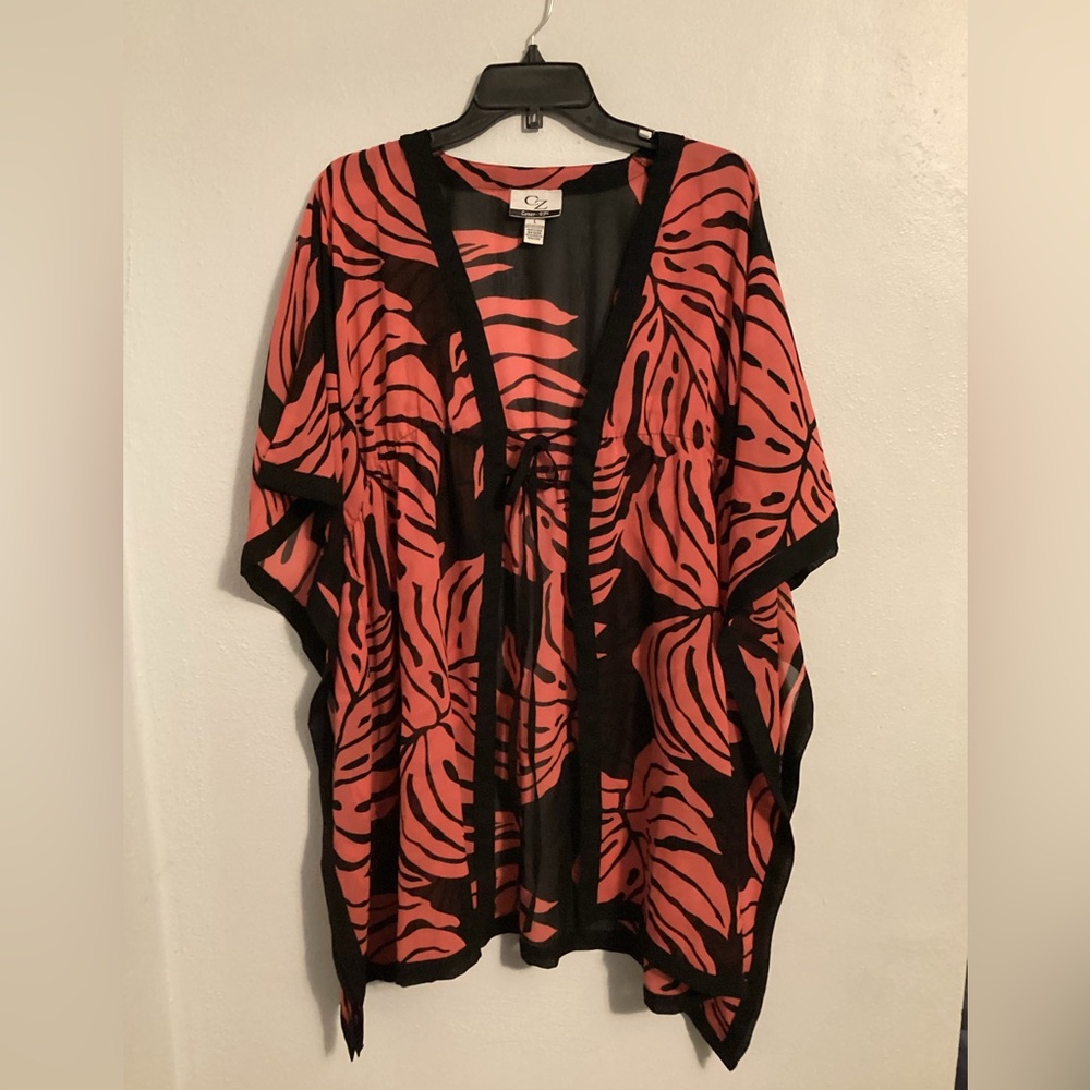CZ Coverups Orange & Black tropical Leaf Swimsuit Cover. Size Large.